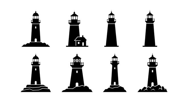 Nautical lighthouse silhouette icons, set of 8 beacon vector symbols, maritime coastal tower signs