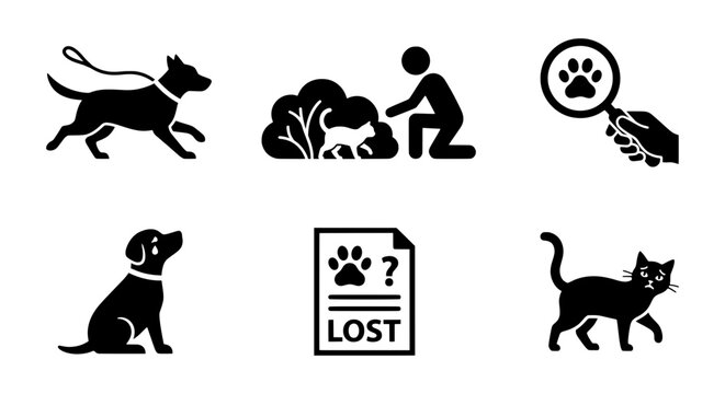 Lost pet icon set, 6 black vector silhouettes for missing dog and cat search, animal rescue signs