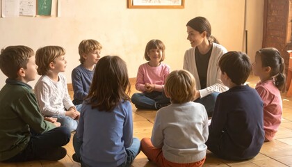 Fototapeta premium Smiling Teacher Leads Circle Time with Engaged Children in a Bright Classroom