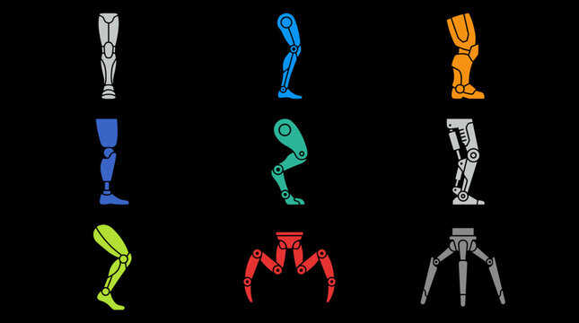Collection of 9 futuristic cybernetic leg icons in a 3x3 grid, diverse prosthetic and robotic designs, flat color style