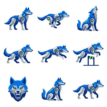 Collection of futuristic cyber wolf creature icons in pixel art style, showing various poses like standing, running, howling, and jumping over hurdles, with blue and neon green accents