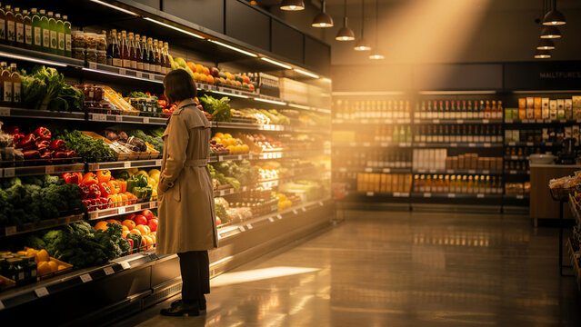Woman selecting fresh produce in a well-lit grocery store aisle with vibrant colors and natural light, ideal for healthy eating, consumerism and retail concepts
