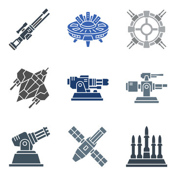 Sheet of 4 flat color futuristic orbital weapon platform icons, 2x2 grid layout, varied designs including long bar gun, disc array, and ring station