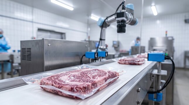 Robotic arm with camera inspecting vacuum sealed raw steaks on a conveyor belt in a food processing facility