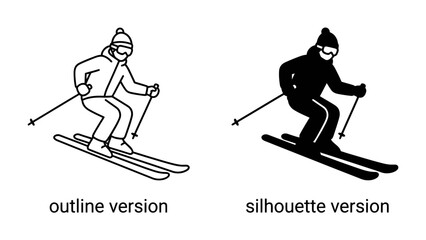 Skiing Duo: An outline and silhouette depiction of a skier in action, showcasing the dynamic movement and sporty spirit of winter recreation. © Asma