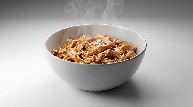 A steaming bowl of traditional mexican chicken tinga with shredded poultry in a spicy chipotle tomato sauce served in a white bowl on a plain background