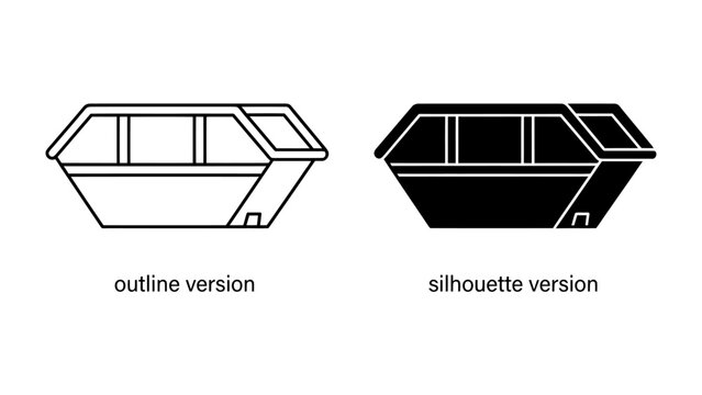 Skip Bin Icons: A set of vector graphics representing skip bins, featuring both an outline and a silhouette version, ideal for construction or waste management themes.