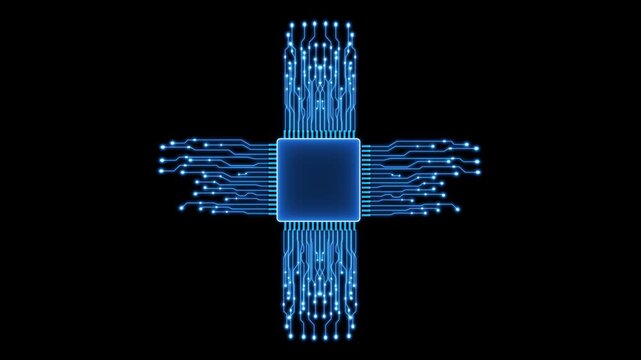Digital cpu processor chip with glowing blue circuitry lines data transfer animation circuit board