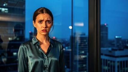 Fototapeta premium Worried woman with furrowed brow looking at camera, dark blue satin shirt, concept for stress, business pressure and emotional burden
