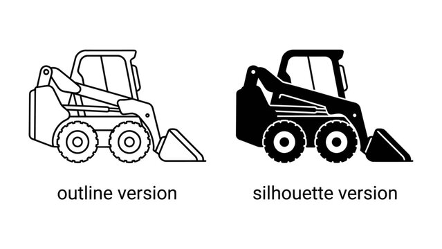 Skid Steer Loader Icons: A side-by-side comparison showcasing two distinct representations of a skid steer loader &ndash; one as a clean outline and the other as a bold silhouette.