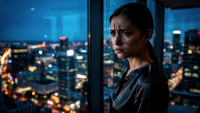 Worried young woman looking out a window at a city at night, cinematic, perfect for stress, anxiety and corporate challenges advertising