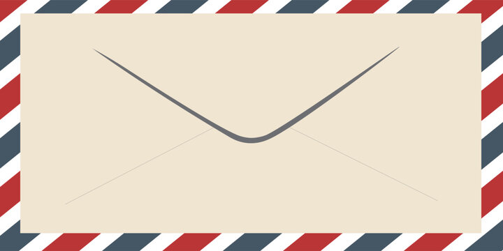 Vintage airmail postcard back template with diagonal blue and red stripe. Travel post card blank backside. Air mail envelope frame with postage place. Vector illustration isolated on white