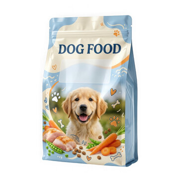 Bag of dog food with a cute puppy, fresh meat, and carrots for healthy pet nutrition