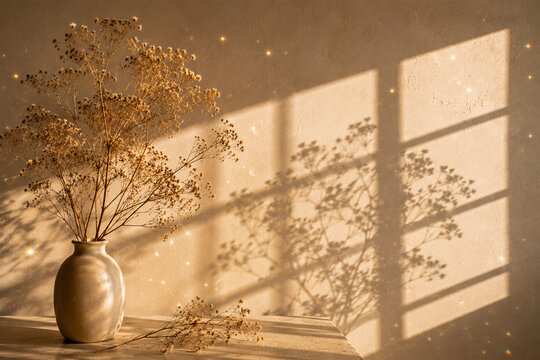 Aesthetic Boho Interior Background with Dried Flowers, Warm Sunlight and Soft Window Shadows