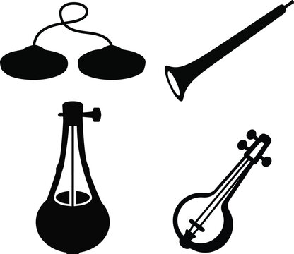 Collection of four Indian musical instrument silhouettes including a shehnai and stringed instruments