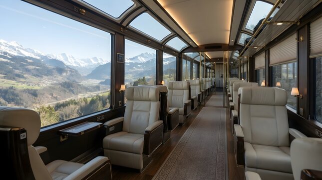 Luxury train interior first class coach with panoramic windows view of snow mountains and valley
