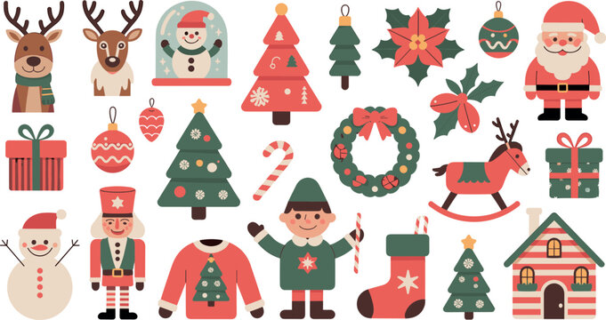 Vector set of cute flat Christmas elements including Santa Claus snowman tree reindeer nutcracker isolated on white background