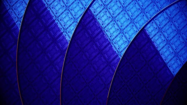Macro close up of blue iridescent semiconductor wafer circuit patterns with curved glass petals as a seamless loop ideal for cloud computing or data center marketing