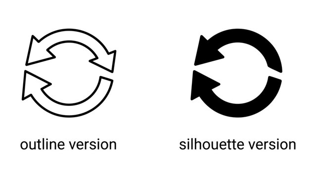 Refresh and Repeat: Two circular arrow icons, one an outline and the other a solid silhouette, visually represent the concepts of refresh, repeat, and circular processes.