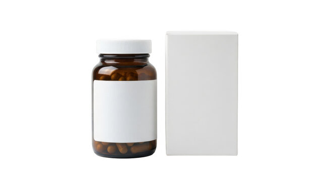 Amber pill bottle with blank label and white box isolated on transparent background