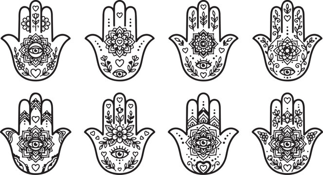 Intricate hamsa hand designs in black and white