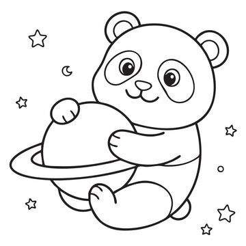Cute panda hugging saturn planet in space with stars vector illustration coloring page.