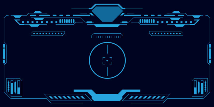 Futuristic digital heads up display interface with blue glowing targeting crosshair elements.