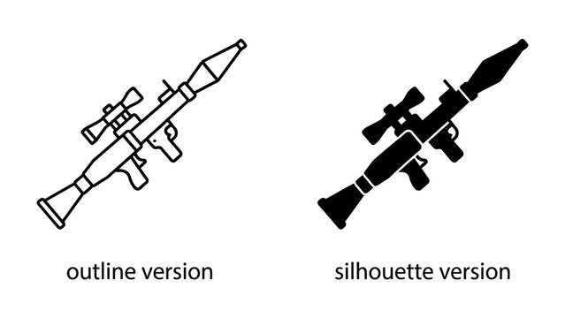 Rocket-Propelled Grenade Launcher Icon: A graphic representation of an RPG launcher, presented in both outline and silhouette versions, ideal for conceptual or technical designs.