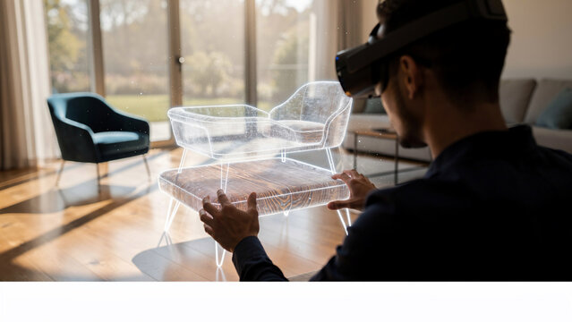 Man wearing VR headset interacting with holographic furniture design in a modern living room, perfect for interior design, technology and virtual reality
