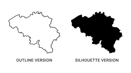 Belgium Map Outline and Silhouette: A clear depiction of Belgium's geographic outline and its silhouette version, presented side-by-side for clear comparison. © Md