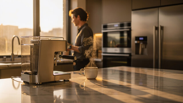 Modern espresso machine brewing hot coffee in a sunlit kitchen, with a man in the background, ideal for lifestyle, food and beverage and home appliance advertising