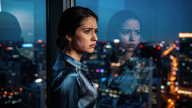 Pensive woman in satin shirt reflected in window with blurred city lights at night, suitable for lifestyle, urban exploration and fashion photography