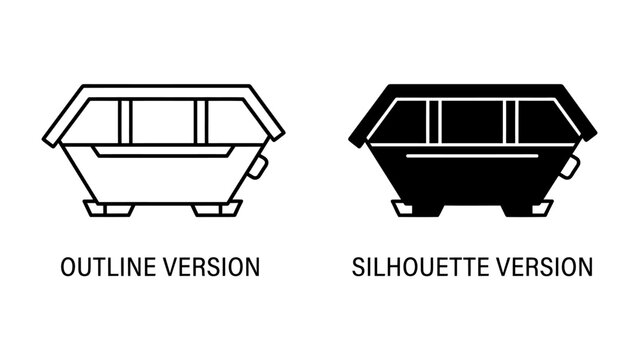 Skip Container Icons: Two vector icons representing skip containers, one in outline style and the other as a solid silhouette, commonly used for waste disposal and construction.