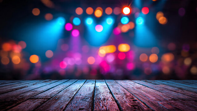 Rustic wooden table in foreground with vibrant bokeh lights and stage lighting in background, suitable for events, nightlife and entertainment promotion