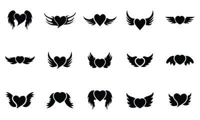 Obraz premium Winged Heart Icons Set – Love Heart with Angel Wings Vector Collection, Romantic Valentine Symbols