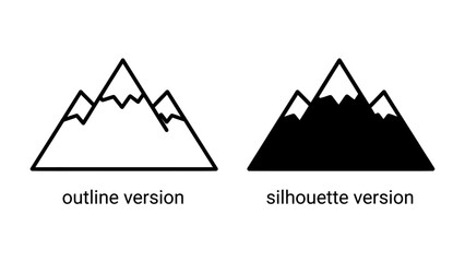 Mountain Icons: Two mountain graphics, one as a clean outline and the other as a bold silhouette, representing peaks and summit challenges, ideal for graphic design and adventure themes. © Md
