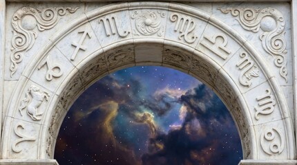 Obraz premium Majestic archway into galaxies concept. A decorative archway revealing a cosmic view beyond its stone.