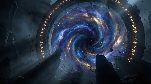 Majestic archway into galaxies concept. A cosmic portal surrounded by ancient symbols and cosmic energy.