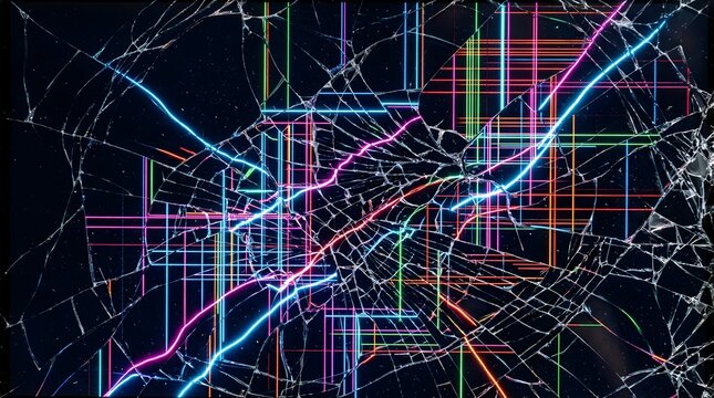 Broken LCD screen texture with colorful neon pixel line grids