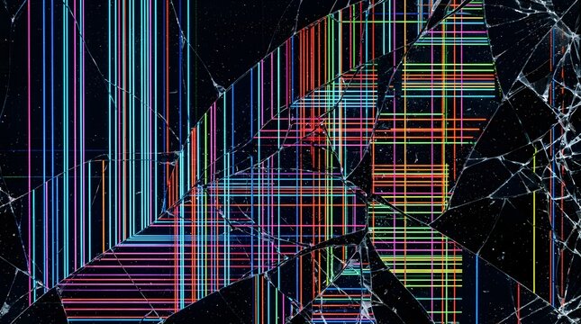 Broken LCD screen texture with colorful neon pixel line grids