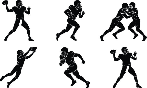 American football players silhouettes set throwing passing running catching ball tackling and blocking actions vector graphics elements