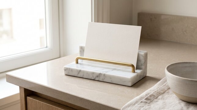 White marble card holder with brass handle on a kitchen counter next to a ceramic bowl