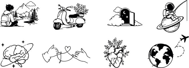 A collection of whimsical handdrawn doodle illustrations depicting various themes like adventure dreams and love © Sourav Sou