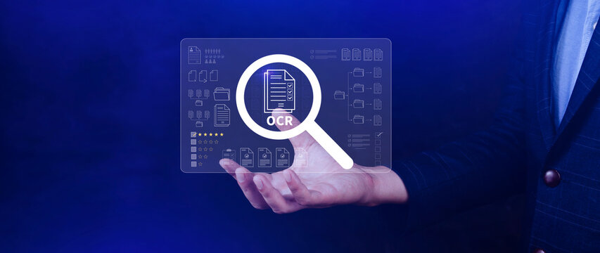 OCR technology concepts. using AI powered OCR with virtual interface, representing intelligent document scanning, text recognition, automation processing tools. not ai