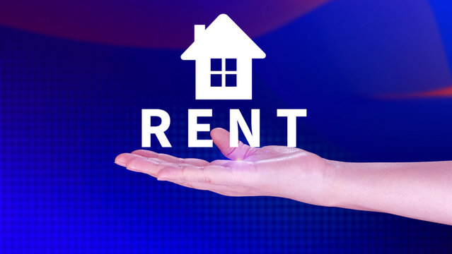 Realtor's hand puts with icon house and word RENT. Concept of renting housing, apartment, real estate. market of immobility, Property investment and house mortgage financial concept
