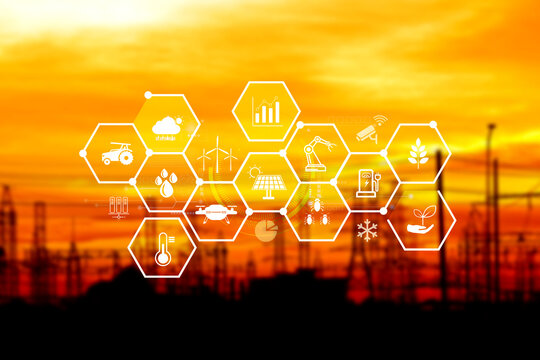 Smart agriculture and agritech concept. Hand using touching digital icons interface of modern farming technology, Agribusiness innovation and smart farming management. not ai