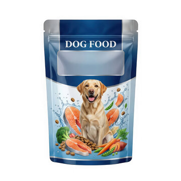 Dog food pouch packaging with a happy golden retriever and fresh ingredients like salmon and vegetables