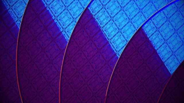 Macro close up of purple red iridescent semiconductor wafer circuit patterns with curved glass petals as a seamless loop ideal for cybersecurity or network security content