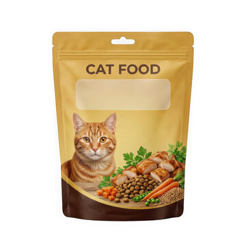 Brown kraft paper pouch bag for cat food with a cute ginger cat and healthy meal illustration