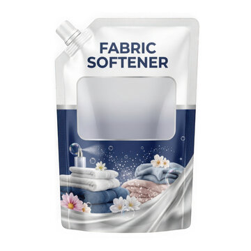 Fabric softener refill pouch with flowers and clean clothes illustration on a blue package